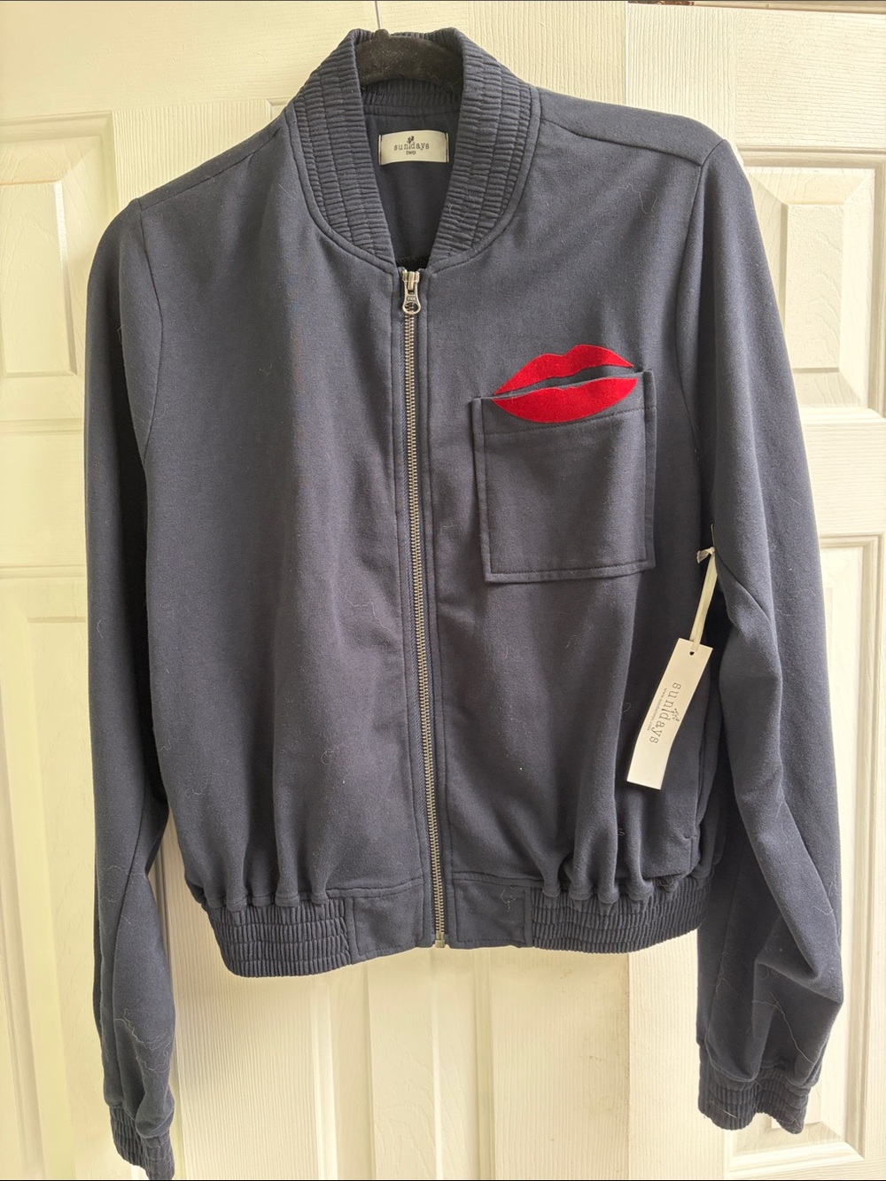 Sundays NWT Navy Bomber Jacket with Red Lip Appliqué Size 2 (S/M)